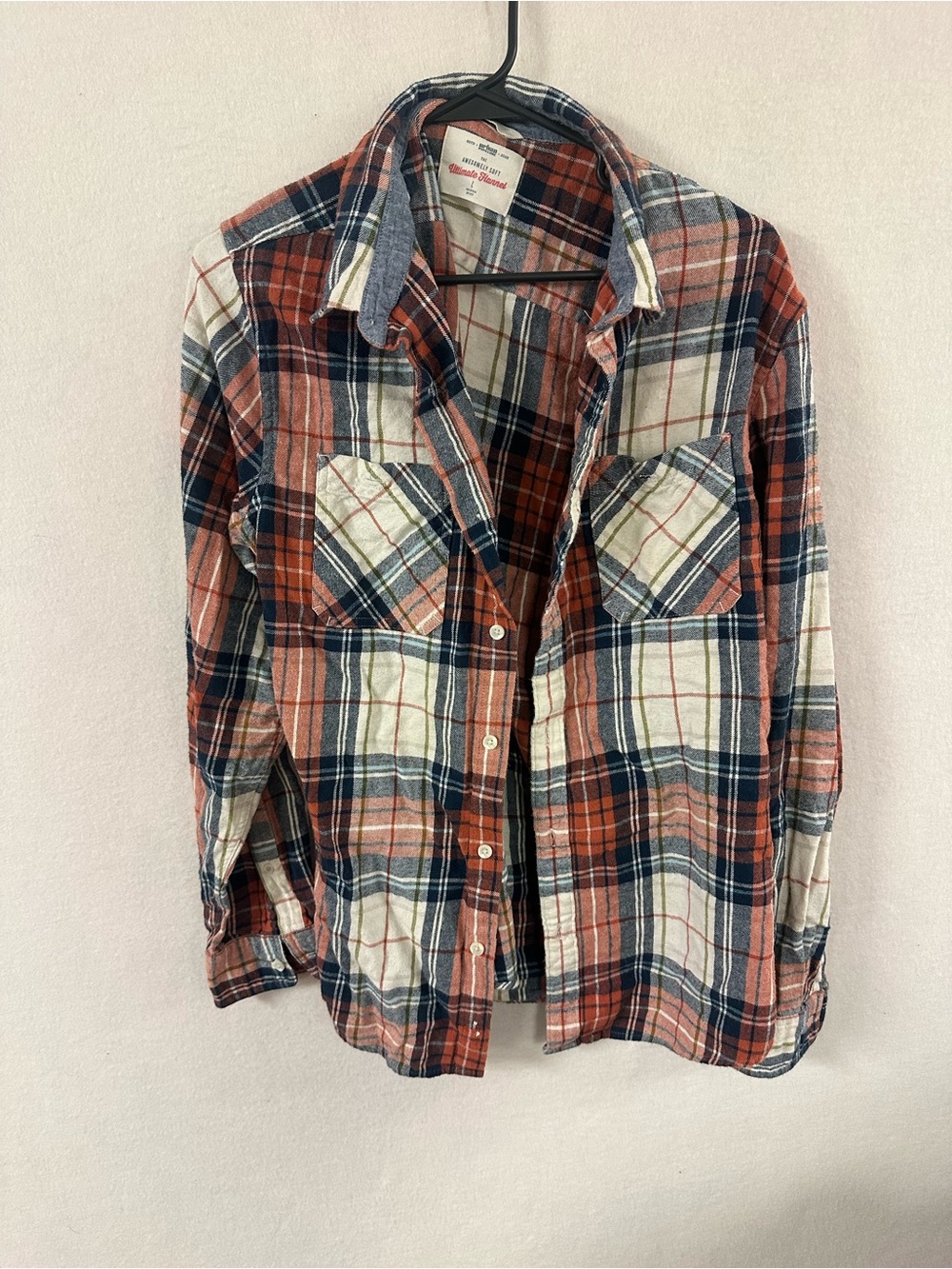Men's Urban Pipeline Navy Blue & Orange Plaid Button Down Flannel Shirt-Size L